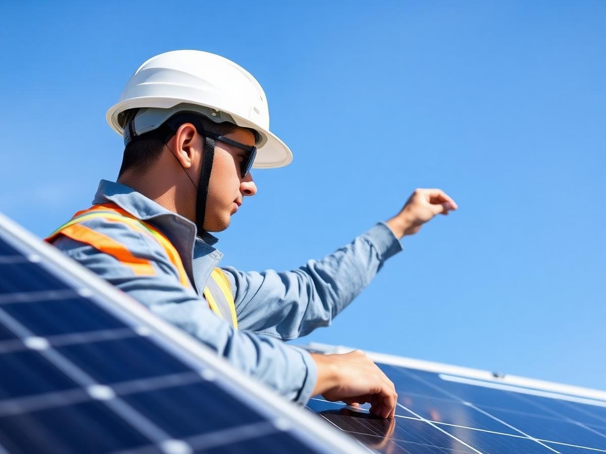 Técnico especializado instalando placa solar